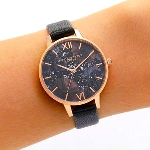 Olivia Burton Celestial Black Leather Strap Watch